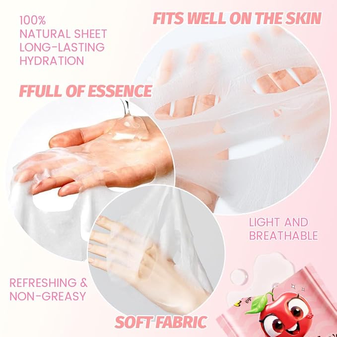 evpct 12-Pack Fruit Sheet Face Facial Masks for Women Skincare Spa, Facial Spa Day Slumber Sleepover Birthday Party Favors Supplies, Natural Ingredients, Hydrate and Soothe for All Skin Types, SetA04