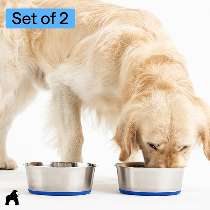 GORILLA GRIP Dog Bowls, Heavy Duty 304 Stainless Steel, Holds 8 Cups Each (64 fl oz) Food and Water Bowl for Feeding Dogs and Cats, Dishwasher Safe, Rust Resistant, BPA Free Rubber Base Set of 2 Blue