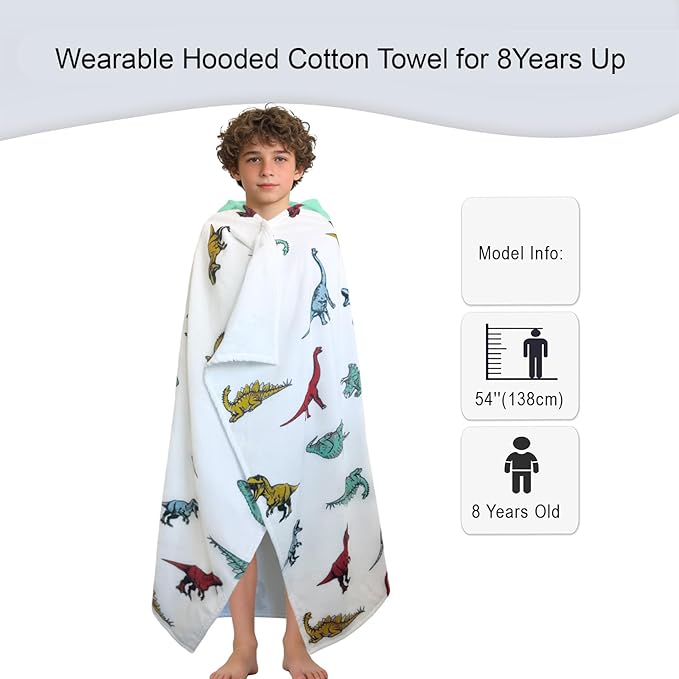 VOOVA & MOVAS Dinosaur Hooded Towels for Teens & Big Kids 8Years Up | Soft, Absorbent 100% Cotton Towel Wrap for Boys | Beach, Pool, Swim & Bath Cover-Up