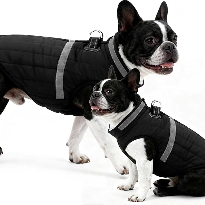 EXPAWLORER Dog Winter Coat Jacket, Thick Warm Waterproof Reflective Puppy Snowsuit with Harness Buit in, Pet Fleece Vest Soft Turtleneck with Zipper Cold Weather for Small Medium Dogs - Black, S