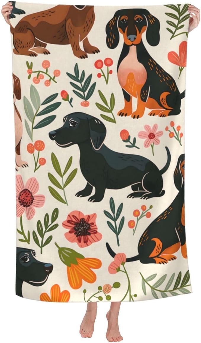Dachshund Floral Beach Towel 31inx51in, Cute Dog Sand-Free Microfiber Bath Towel Ultra Soft Quick Dry Pool Towel Absorbent Towel Lightweight Towel for Swimming Bathroom Decor