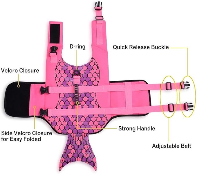 Queenmore Dog Life Jacket Ripstop Shark Dog Safety Vest Adjustable Preserver with High Buoyancy and Durable Rescue Handle for Small,Medium,Large Dogs, Pink Fish Large