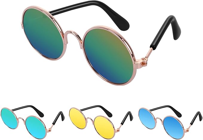 Pet Sunglasses- Cat UV Protection Classic Retro Small Dog Sun Glasses Dolls Round Sunglasses Party Cosplay Costume Photo Props Cute Funny Sunglasses (4Pcs)