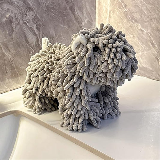 Chenille Hand Towel - Cute Cartoon Dog Plush Fuzzy Ball Hand Towel, Super Absorbent Hanging Kitchen & Bathroom Towels for Kids, Soft Hand Drying Puff for Bath, Washstand (Grey)
