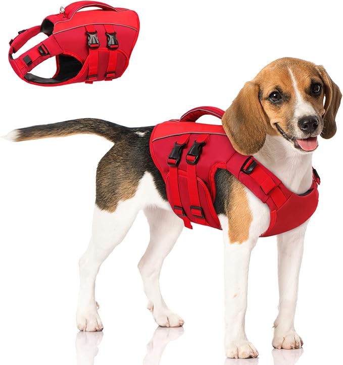 Queenmore Red Large Dog Life Vest for Swimming Boating, Adjustable Ripstop Dog Life Jacket with Superior Buoyancy and Rescue Handle
