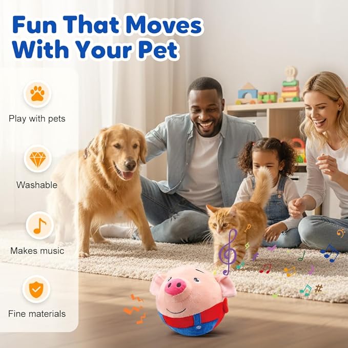 Interactive Dog Toys, 2025 New Active Moving Pet Plush Toy, Rechargeable Squeaky Dog Ball Toy with Talking Sound, Washable Cartoon Pig Plush Toy for Dogs Puppies (Blue)