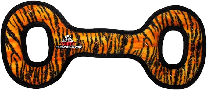 TUFFY - World's Tuffest Soft Dog Toy - MEGA -Tug Oval - Tiger- Multiple Layers. Made Durable, Strong & Tough. Interactive Play (Tug, Toss & Fetch). Machine Washable & Floats