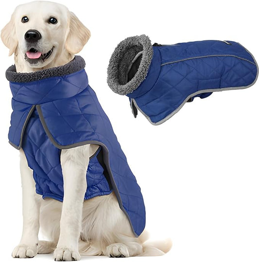 Fragralley Dog Coat Large, Waterproof Dog Jacket with Warm Fleece Lining, Adjustable Reflective Dogs Winter Coat, Turtleneck Pet Coats for Cold Weather (Blue XXL)