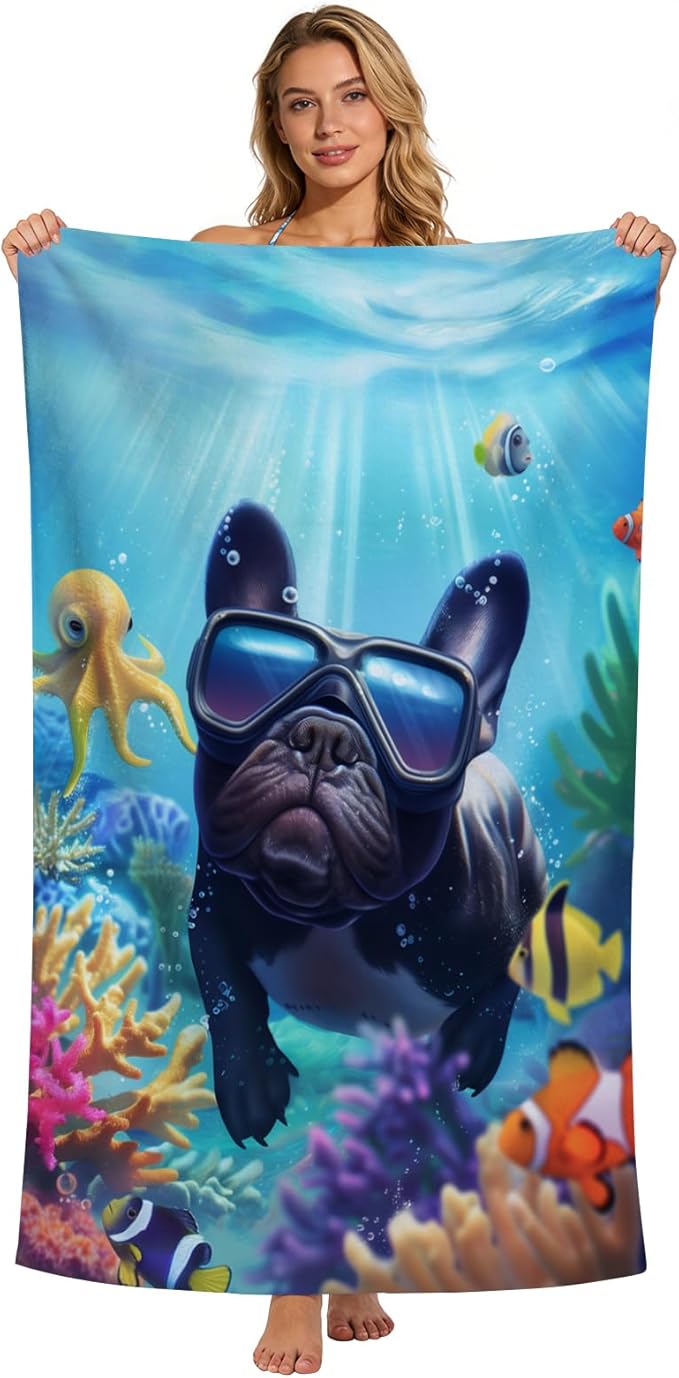 Microfiber Dog Bath Towel, Funny French Bulldog Diving with Ocean Animal Beach Towels for Kids Adults, Quick Dry Absorbent Sand Proof Towels for Swim Pool Surf Travel, Oversized 32x52