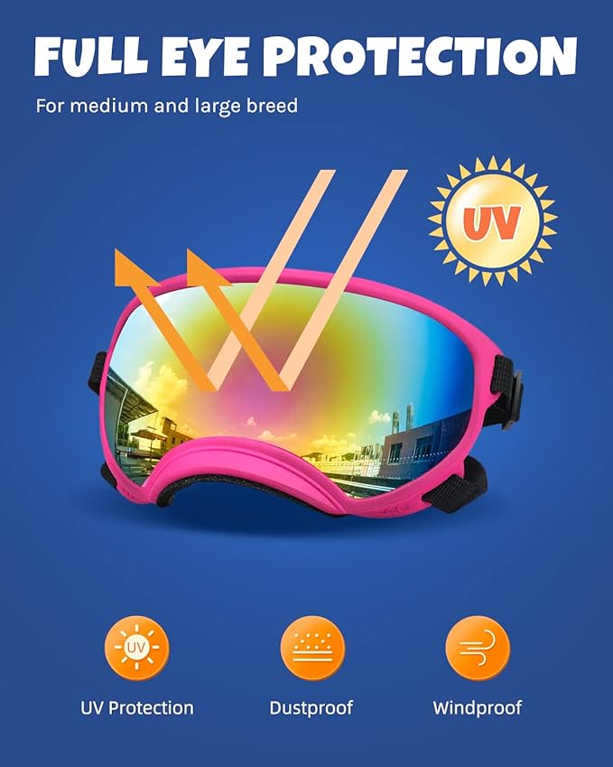 Large Dog Sunglasses, Dog Goggles Large Breed and Medium, UV Protection, Windproof, Dustproof and Snowproof. Shatterproof Lens, Adjustable Strap