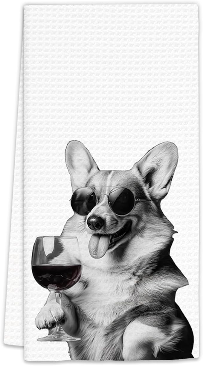 Corgi Gifts Wine Dog Kitchen Towels, Corgi Gifts for CorgiLovers Wine Lovers Decorative Hand Dish Towel for Kitchen Home Bar, Funny CorgiDog WineLover Home Bar Kitchens Decor(16x24Inch)