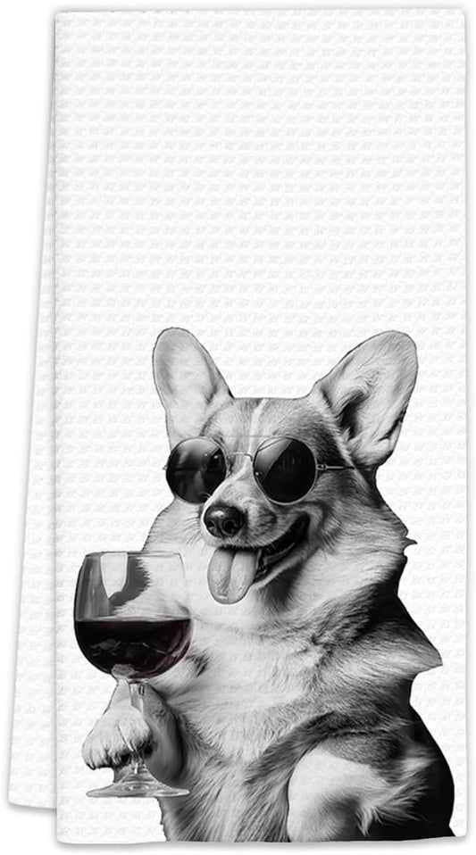 Corgi Gifts Wine Dog Kitchen Towels, Corgi Gifts for CorgiLovers Wine Lovers Decorative Hand Dish Towel for Kitchen Home Bar, Funny CorgiDog WineLover Home Bar Kitchens Decor(16x24Inch)