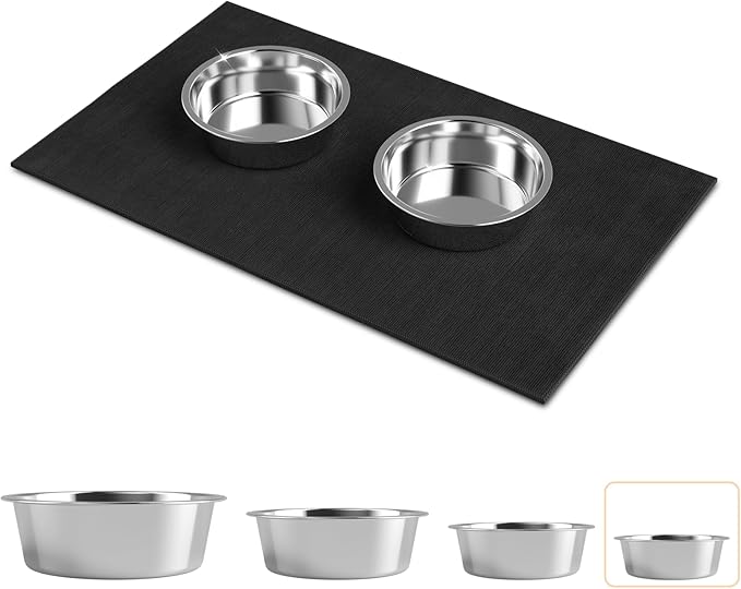 Stainless Steel Dog Bowls with Mat - Non-Slip EVA Rubber Bottom, Food & Water Bowl for Dogs, Cats - Dishwasher Safe