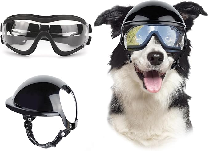 Dog Goggles and Helmet Set - Anti-dust UV Protection Sunglasses, Durable Motorcycle Helmet With Ear Hole, Adjustable Pet Glasses for Medium to Large Dogs/Clear