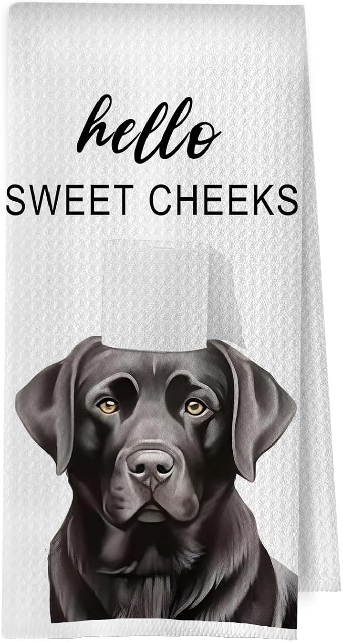Black Lab Bathroom Decor - Funny Black Lab Gifts Waffle Decorative Hand Towels, Hello Sweet Cheeks Bathroom Decor, 16x24 Inches