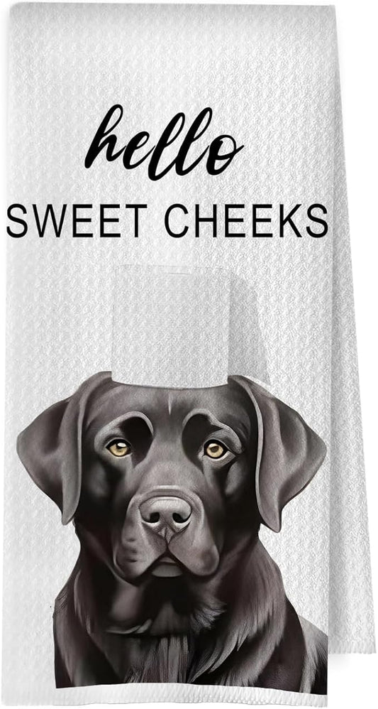 Black Lab Bathroom Decor - Funny Black Lab Gifts Waffle Decorative Hand Towels, Hello Sweet Cheeks Bathroom Decor, 16x24 Inches