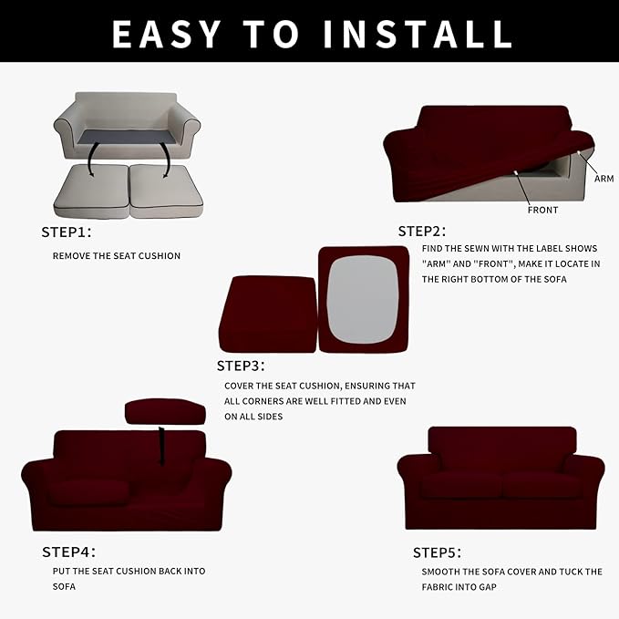Easy-Going 100% Dual Waterproof 3 Pieces Loveseat Cover Stretch Soft Couch Cover for Dogs, Sofa Slipcover for 2 Separate Cushion Couch Leakproof Furniture Protector for Kids, Pets Wine
