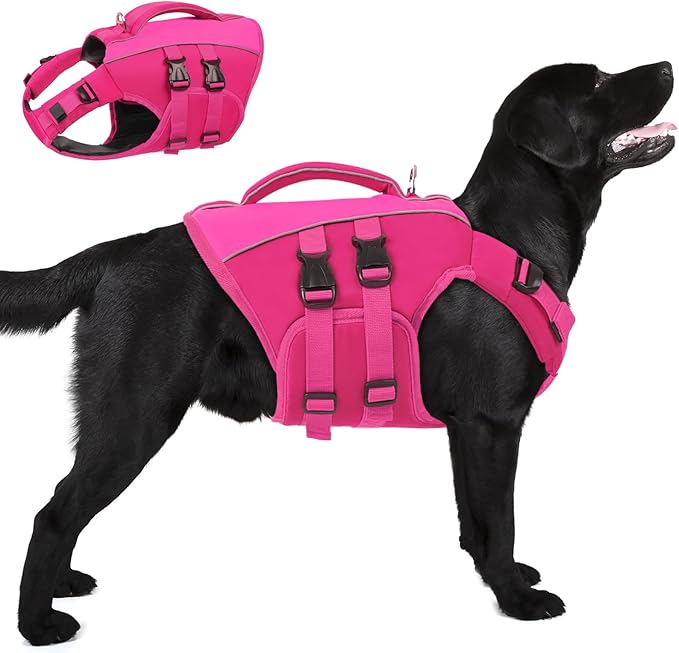Queenmore Dog Life Jacket,Life Vest for Extra Large Dogs,Adjustable Reflective Dog Swimming Vest,Superior Buoyancy Dog Lifesaver,High Floating Pet Life Vest for Swimming(Rosered,2XL)