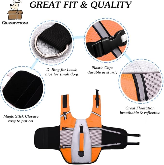 Dog Life Jacket Swimming Vest Lightweight High Reflective Pet Lifesaver with Lift Handle, Leash Ring Orange,L