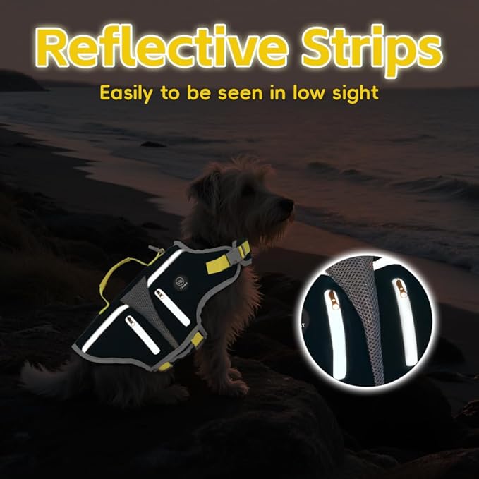 EMUST Dog Life Jacket, Lightweight Reinforced Dog Life Vest for Small Medium Large Dogs with Pockets, Reflective Pet Float Coat Lifesaver for Boating Swimming Pool, Black, M