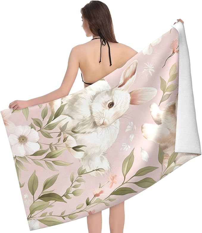 Floral Bunny Beach Towel 31inx51in, Rabbit Sand-Free Microfiber Bath Towel Ultra Soft Quick Dry Pool Towel Absorbent Towel Lightweight Towel for Swimming Bathroom Decor