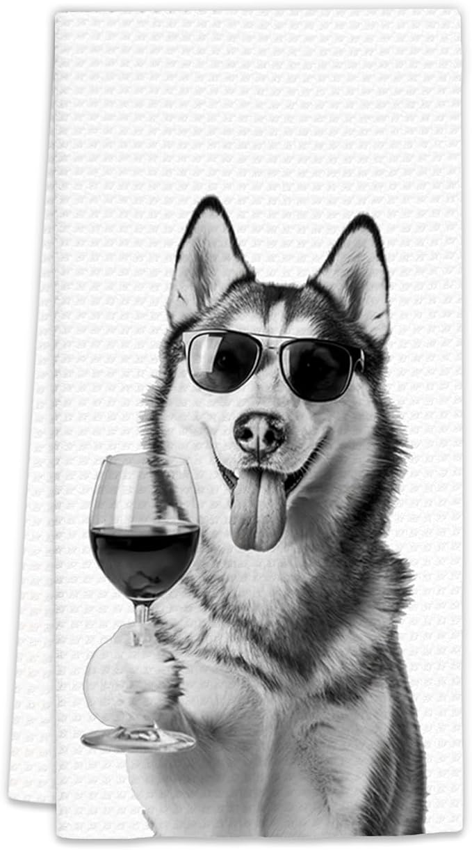 Husky Gifts Wine Dog Kitchen Towels, Gifts for Husky Dog Wine Lovers Decorative Hand Dish Towel for Kitchen Home Bar, Funny HuskyDog WineLover Home Bar Kitchens Decor(16x24 Inch)