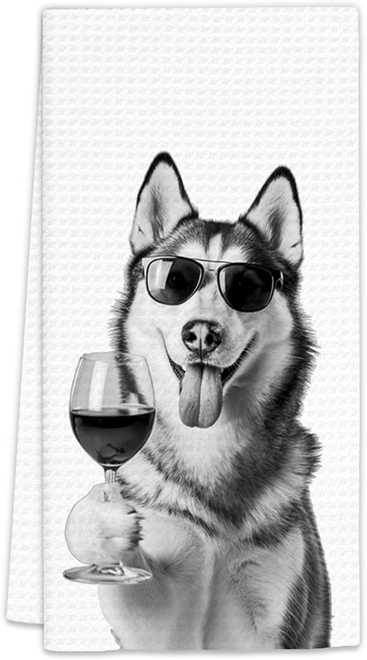 Husky Gifts Wine Dog Kitchen Towels, Gifts for Husky Dog Wine Lovers Decorative Hand Dish Towel for Kitchen Home Bar, Funny HuskyDog WineLover Home Bar Kitchens Decor(16x24 Inch)