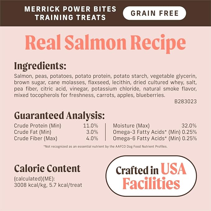 Merrick Power Bites Natural Soft And Chewy Real Meat Dog Treats, Grain Free Snack With Real Salmon Recipe - 6 oz. Bag