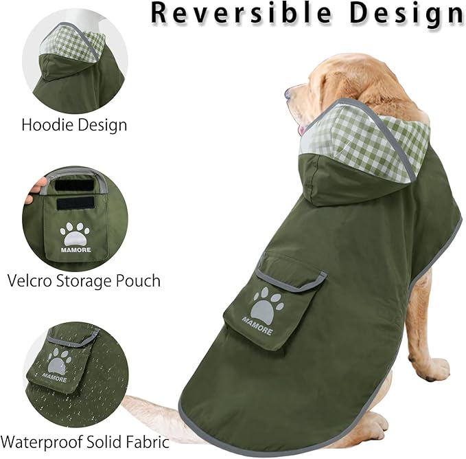 MAMORE Dog Raincoat Reversible,Waterproof Dog Rain Coat Hooded Slicker Poncho with Reflective Strip, Plaid Double Layer Rain Jacket for Small Medium Large Dogs (Army Green, Small(9-13lb))