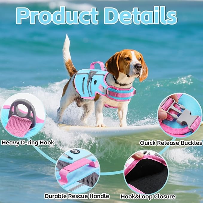 EMUST Dog Life Vest, Lightweight Reinforced Dog Life Jacket for Small Medium Large Dogs with Pockets, Reflective Pet Float Coat Lifesaver for Boating Swimming Pool, Blue, M