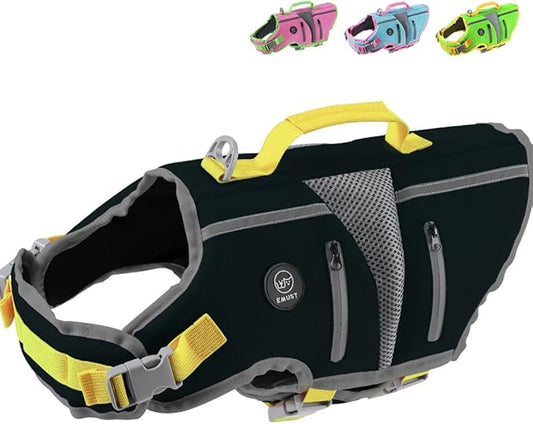 EMUST Dog Life Jacket, Lightweight Reinforced Dog Life Vest for Small Medium Large Dogs with Pockets, Reflective Pet Float Coat Lifesaver for Boating Swimming Pool, Black, M