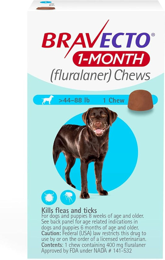 BRAVECTO 1-Month Flea & Tick Chew for Puppies, 1 Chew, 1 Month Supply, 44-88 lbs., Blue Box