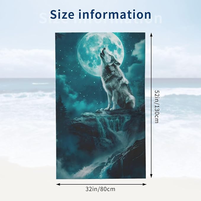 Howling Wolf Moon Beach Towel Animal Sand-Free Microfiber Bath Towel Ultra Soft Quick Dry Pool Towel Absorbent Towel Lightweight Towel Gifts for Outdoor Bathroom Swimming Decor 31inx51in