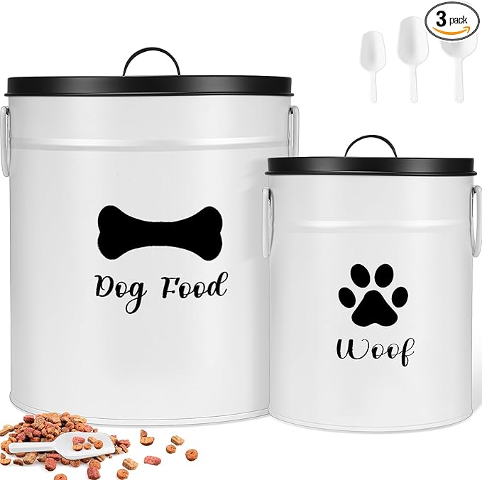 Extra Large 23+10 lbs Metal Dog Food Storage Containers Set of 2 Airtight Dog Treat Snack Jars with Lids and Spoon Farm House Style Big Pet Cookie Jar for Kitchen Counter Gift