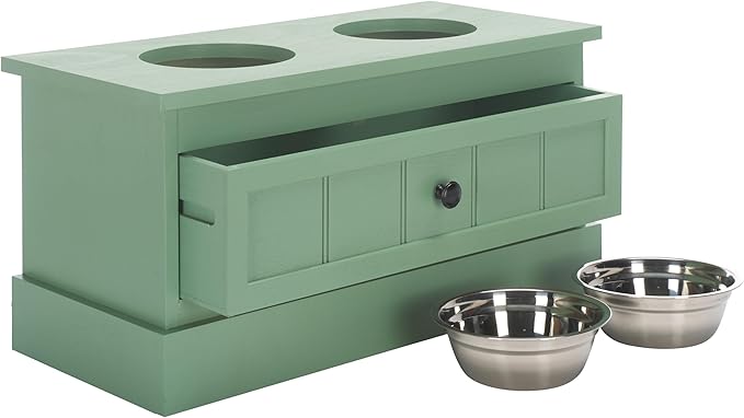 SAFAVIEH Home Collection Boomer Sage Green Elevated Pet Feeder Dog Bowl Stand with Drawer (Fully Assembled)