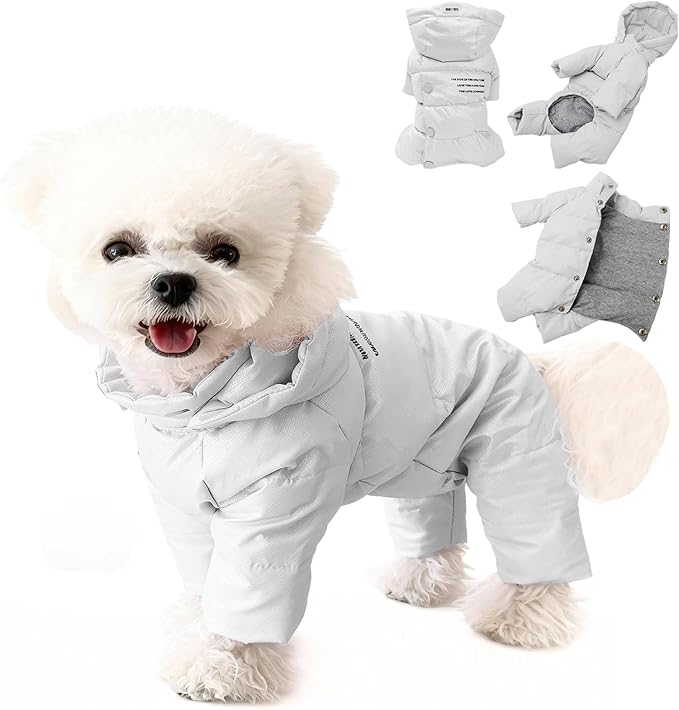 White Duck Down Dog Coat - 4-Leg Coverage, Waterproof Windproof Warm Winter Snowsuit, Cotton Anti-Static Lining, Built-in Harness Hole for Small/Medium Dogs,Size 13(M) Silver
