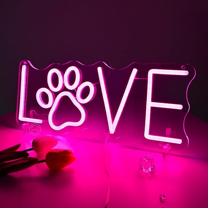 Britrio Pink Love LED Neon Light Sign Dog Paw Neon Sign Wall Decor for Pet Room Dog Cat Lover Girl Bedroom Wife Women Birthday Wedding Gift Living Room Home Decor Neon Night Light USB Powered 15.75”