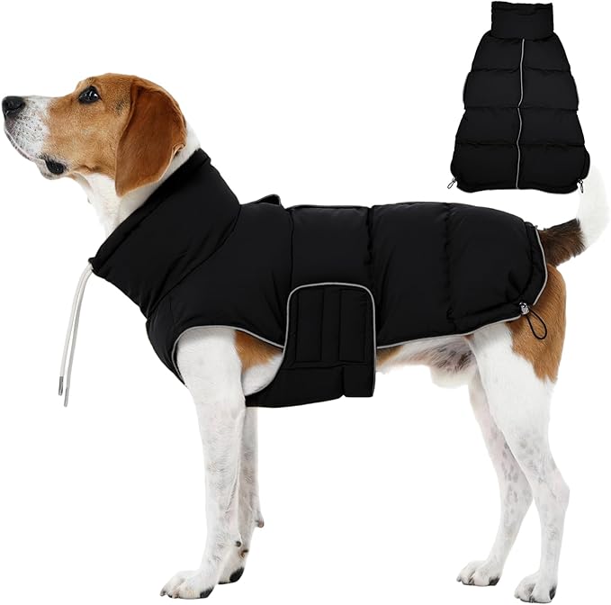 FUAMEY Dog Puffer Jacket for Large Dogs,Dog Cold Weather Coats Dogs Down Jackets Waterproof Pet Snowsuits Warm Puppy Winter Vest Turtleneck Pets Adjustable Jackets Coats Black L