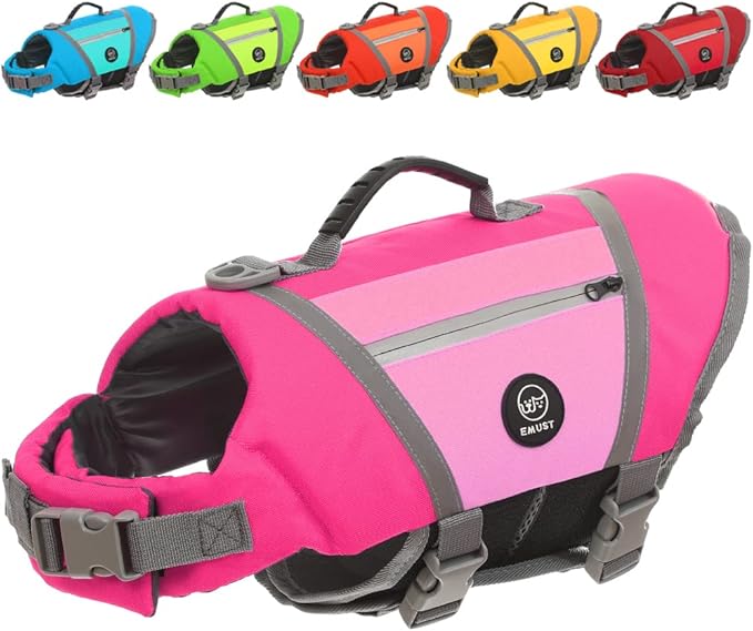 EMUST Dog Life Jackets, Durable Dog Life Jackets for Swimming, Boating with High Visibility, Stylish Dog Swimsuit with D-Ring for Dog Leash for Swimming, Boating, Kayaking, Pink, XL