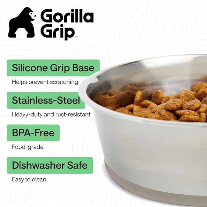 GORILLA GRIP Dog Bowls, Heavy Duty 304 Stainless Steel, Holds 8 Cups Each (64 fl oz) Food and Water Bowl for Feeding Dogs and Cats, Dishwasher Safe, Rust Resistant, BPA Free Rubber Base Set of 2 Beige