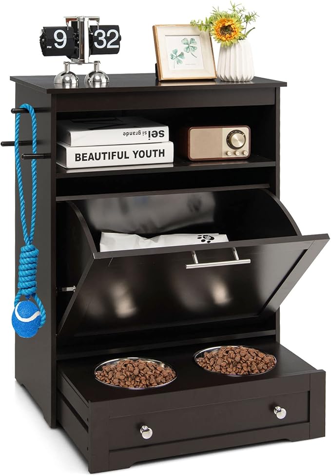 Tangkula Pet Feeder Station, Dog Food Storage Container With Double Pull Out Bowls, Food Toy Organizer Cabinet, Feeding Station Furniture for Dogs Cats Feeding & Watering Supplies (Brown)