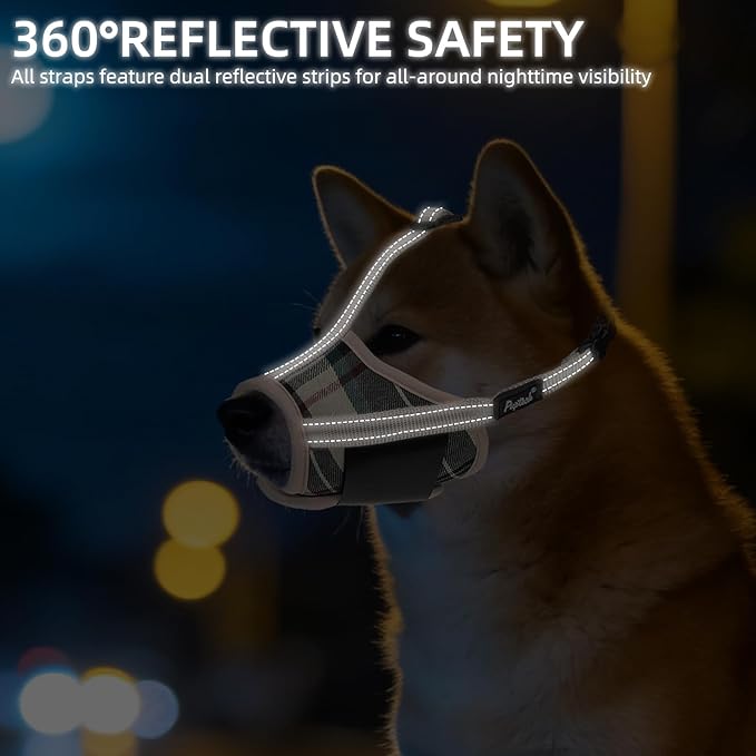 PUPTECK Dog Muzzle, Soft Adjustable Loop Reflective Pet Muzzle Prevent Biting Barking Chewing, Breathable Muzzle with Air Mesh Dog Mouth Guard Drinkable for Large Medium Small Sized, Beige Plaid L