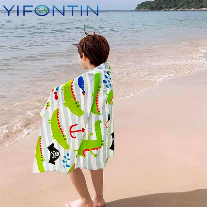 YIFONTIN Kids Beach Towel Super Soft Absorbent Cotton Blanket 25.5”X51.0” for Bath Swimming Camping, Gator Crocodile Pirate.