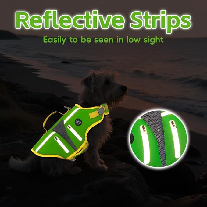 EMUST Dog Life Jacket, Lightweight Reinforced Dog Swim Vest for Small Medium Large Dogs with Pockets, Reflective Pet Float Coat Lifesaver for Boating Swimming Pool, Green, M