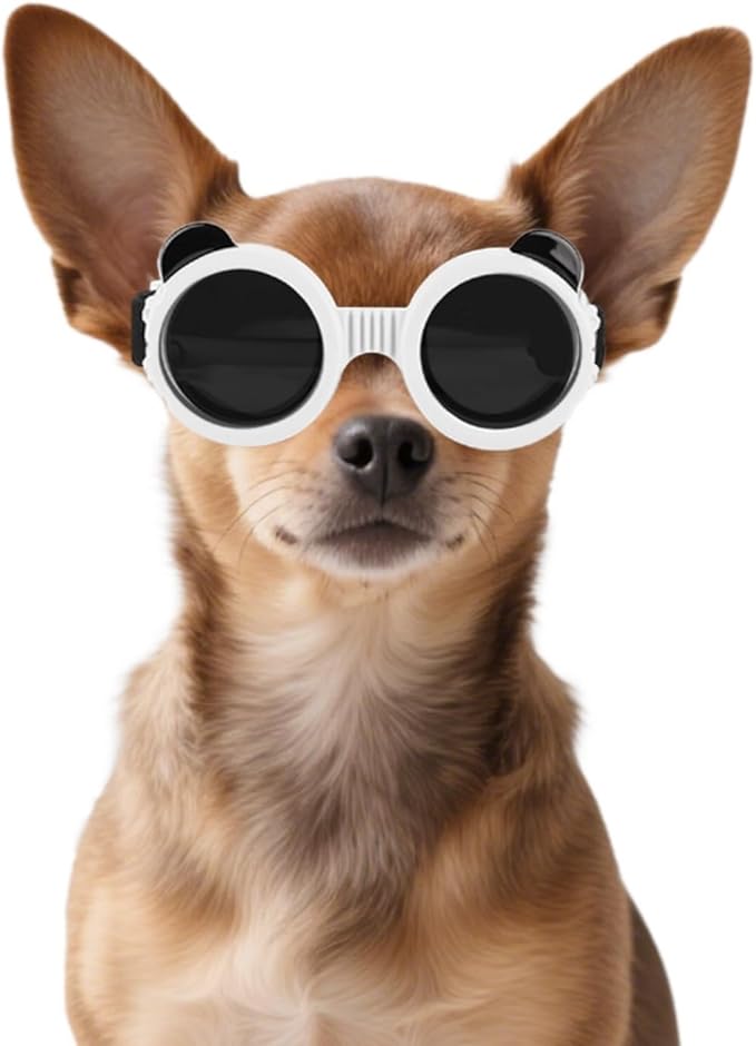 NAMSAN Dog Goggles Small Breeds, UV Protection Dog Glasses for XSmall to Small Dogs, Chihuahua Sunglases Windproof Dustproof Driving Eye Protection, Adjustable, Panda White