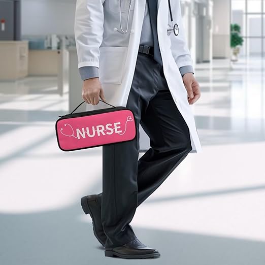 Gomyblomy Pink Stethoscope Case with Extra Room for Nursing Accessories, Cartoon Stethoscope Nurse Print Stethoscope Holder Storage Organizer Bag with Handle for Nurses