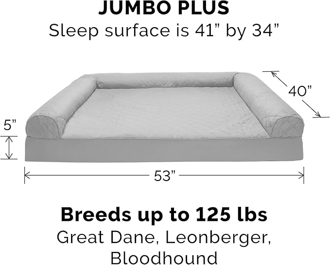 Furhaven Memory Foam Dog Bed for Large Dogs w/ Removable Bolsters & Washable Cover, For Dogs Up to 125 lbs - Quilted Sofa - Silver Gray, Jumbo Plus/XXL