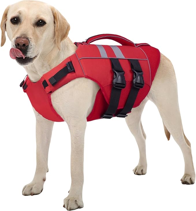 Kuoser Dog Life Jacket Large, High Flotation Dog Water Vest for Swimming Boating, Reflective Doggie Swimming Vest Pet Life Preserver with Rescue Handle, Red L