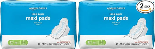 Amazon Basics Thick Maxi Pads with Flexi-Wings for Periods, Long Length, Super Absorbency, Unscented, Size 2, 32 Count, (Previously Solimo) (Pack of 2)