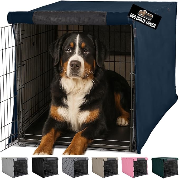GORILLA GRIP Dog Crate Covers Compatible with Amazon Basics Dog Crates, All Sides Open, Privacy Cover Fits 48" Wire Kennel, Breathable Mesh Windows, Light Reducing Puppy Training Cage Topper, Navy